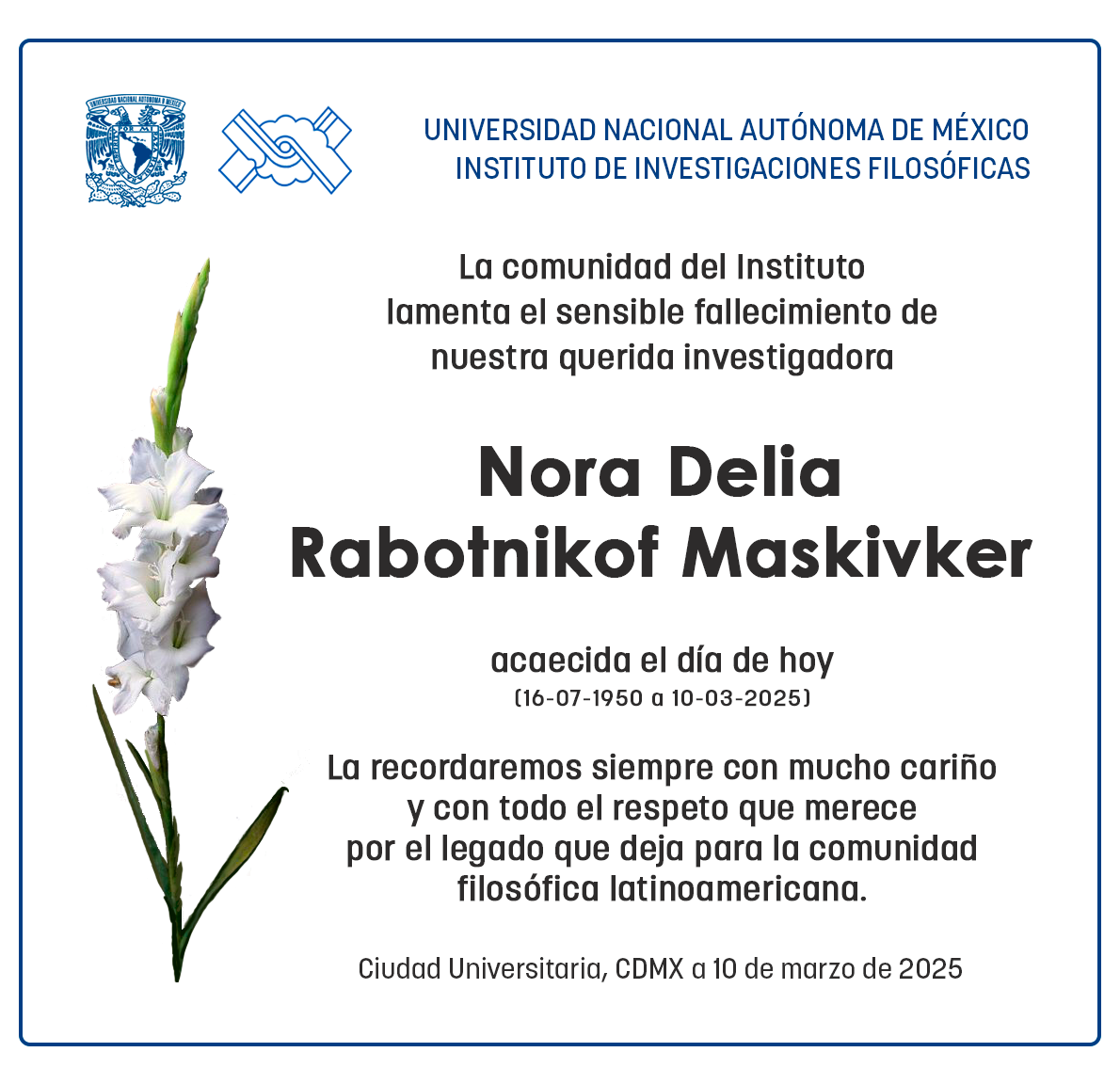 Sensible fallecimiento  Dra. Nora Delia Rabotnikof Maskivker